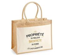 Planetee Cabas jute avec poche Propriété du Meilleur Architecte Cadeau homme humour fête des pères retraite collègue travail grand sac courses