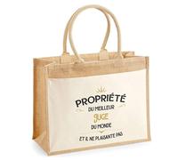 Planetee Cabas jute avec poche Propriété du Meilleur Juge Cadeau homme humour fête des pères retraite collègue travail grand sac courses