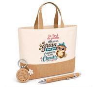 Planetee Cadeau la Prof de pilates Chouette Grain | Coffret Kit Remerciement Femme Sac en Jute avec Porte-clés et Stylo Gravé