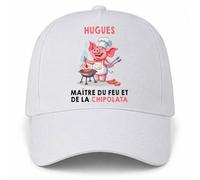 Planetee Casquette Blanche Hugues maître du feu et de la chipolata | 5 Panneaux Polyester Recyclé 210 g/m² Taille Unique Réglable | Boucle Métal Œillets Brodés | Cadeau Barbecue Anniversaire Noël