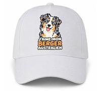 Planetee Casquette Blanche J'aime Mon Berger Australien | 5 Panneaux Polyester Recyclé 210 g/m² Taille Unique Réglable | Boucle Métal Œillets Brodés | Cadeau Chien Anniversaire Noël