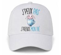 Planetee Casquette Blanche J'peux Pas j'prends Mon thé | Lapin Tasse Bleue | 5 Panneaux Polyester Recyclé 210 g/m² Taille Unique Réglable | Boucle Métal Œillets Brodés | Cadeau Anniversaire Noël