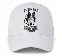 Planetee Casquette Blanche J'peux Pas Mon Amour de Border Collie m'attend | Border Collie Sortant du Mur | 5 Panneaux Polyester Recyclé 210 g/m² Taille Unique Réglable | Boucle Métal Œillets Brodés