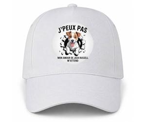Planetee Casquette Blanche J'peux Pas Mon Amour de Jack Russell m'attend | 5 Panneaux Polyester Recyclé 210 g/m² Taille Unique Réglable | Boucle Métal Œillets Brodés