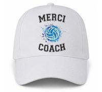 Planetee Casquette Blanche Merci Coach | Ballon de Volley Bleu | 5 Panneaux Polyester Recyclé 210 g/m² Taille Unique Réglable | Boucle Métal Œillets Brodés | Cadeau Volley Anniversaire Noël