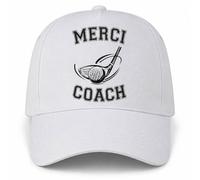 Planetee Casquette Blanche Merci Coach | Club et Balle de Golf | 5 Panneaux Polyester Recyclé 210 g/m² Taille Unique Réglable | Boucle Métal Œillets Brodés | Cadeau Golf Anniversaire Noël