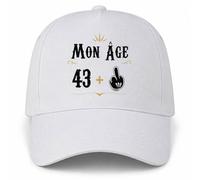 Planetee Casquette Blanche Mon âge 43 + | 5 Panneaux Polyester Recyclé 210 g/m² Taille Unique Réglable | Boucle Métal Œillets Brodés | Cadeau Anniversaire Anniversaire Noël