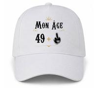 Planetee Casquette Blanche Mon âge 49 + | 5 Panneaux Polyester Recyclé 210 g/m² Taille Unique Réglable | Boucle Métal Œillets Brodés | Cadeau Anniversaire Anniversaire Noël