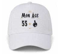 Planetee Casquette Blanche Mon âge 55 + | 5 Panneaux Polyester Recyclé 210 g/m² Taille Unique Réglable | Boucle Métal Œillets Brodés | Cadeau Anniversaire Anniversaire Noël