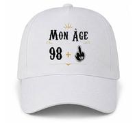 Planetee Casquette Blanche Mon âge 98 + | 5 Panneaux Polyester Recyclé 210 g/m² Taille Unique Réglable | Boucle Métal Œillets Brodés | Cadeau Anniversaire Anniversaire Noël