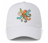 Planetee Casquette Blanche Poulpe Coloré | 5 Panneaux Polyester Recyclé 210 g/m² Taille Unique Réglable | Boucle Métal Œillets Brodés | Cadeau Anniversaire Noël
