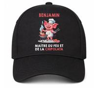 Planetee Casquette Noire Benjamin maître du feu et de la chipolata | 5 Panneaux Polyester Recyclé 210 g/m² Taille Unique Réglable | Boucle Métal Œillets Brodés