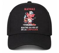 Planetee Casquette Noire Mathias maître du feu et de la chipolata | 5 Panneaux Polyester Recyclé 210 g/m² Taille Unique Réglable | Boucle Métal Œillets Brodés