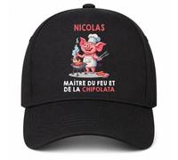 Planetee Casquette Noire Nicolas maître du feu et de la chipolata | 5 Panneaux Polyester Recyclé 210 g/m² Taille Unique Réglable | Boucle Métal Œillets Brodés