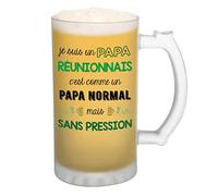 Planetee Chope de bière Papa Réunionnais Chauvin et Sans Pression - cadeau idée anniversaire Fête des Pères Humour - Verre givré 470 ml avec poignée Alcool Pinte
