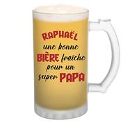 Planetee Chope de bière Raphaël Super Papa - cadeau idée anniversaire Fête des Pères Humour - Verre givré 470 ml avec poignée Alcool Pinte