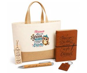 Planetee Coffret Cadeau Aliénor Chouette Grain | Sac Cabas Coton et Jute 18 L, Carnet, Stylo Bambou, Porte-Clés, Marque-Page | 5 Pièces Gravées | Anniversaire Noël