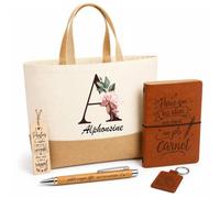 Planetee Coffret Cadeau Alphonsine | Sac Cabas Coton et Jute 18 L, Carnet, Stylo Bambou, Porte-Clés, Marque-Page | 5 Pièces Gravées | Anniversaire Noël