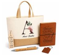 Planetee Coffret Cadeau Anne-Sophie Lettre | Sac Cabas Coton et Jute 18 L, Carnet, Stylo Bambou, Porte-Clés, Marque-Page | 5 Pièces Gravées | Anniversaire Noël
