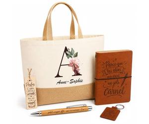 Planetee Coffret Cadeau Anne-Sophie Lettre | Sac Cabas Coton et Jute 18 L, Carnet, Stylo Bambou, Porte-Clés, Marque-Page | 5 Pièces Gravées | Anniversaire Noël