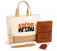 Planetee Coffret Cadeau Apéro Minimaliste | Sac Cabas Coton et Jute 18 L, Carnet, Stylo Bambou, Porte-Clés, Marque-Page | 5 Pièces Gravées | Anniversaire Noël