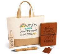 Planetee Coffret Cadeau ATSEM Explication | Sac Cabas Coton et Jute 18 L, Carnet, Stylo Bambou, Porte-Clés, Marque-Page | 5 Pièces Gravées | Anniversaire Noël