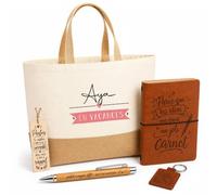 Planetee Coffret Cadeau Aya en Vacances | Sac Cabas Coton et Jute 18 L, Carnet, Stylo Bambou, Porte-Clés, Marque-Page | 5 Pièces Gravées | Anniversaire Noël