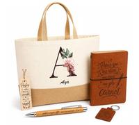 Planetee Coffret Cadeau Aya Lettre | Sac Cabas Coton et Jute 18 L, Carnet, Stylo Bambou, Porte-Clés, Marque-Page | 5 Pièces Gravées | Anniversaire Noël