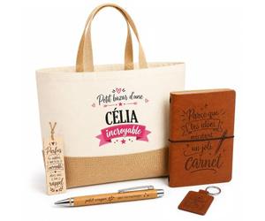 Planetee Coffret Cadeau Bazar Célia Incroyable | Sac Cabas Coton et Jute 18 L, Carnet, Stylo Bambou, Porte-Clés, Marque-Page | 5 Pièces Gravées | Anniversaire Noël