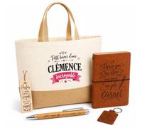 Planetee Coffret Cadeau Bazar Clémence Incroyable | Sac Cabas Coton et Jute 18 L, Carnet, Stylo Bambou, Porte-Clés, Marque-Page | 5 Pièces Gravées | Anniversaire Noël