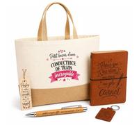 Planetee Coffret Cadeau Bazar Conductrice de Train Incroyable | Sac Cabas Coton et Jute 18 L, Carnet, Stylo Bambou, Porte-Clés, Marque-Page | 5 Pièces Gravées | Anniversaire Noël
