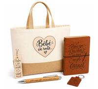 Planetee Coffret Cadeau Bébé en Route | Sac Cabas Coton et Jute 18 L, Carnet, Stylo Bambou, Porte-Clés, Marque-Page | 5 Pièces Gravées | Anniversaire Noël