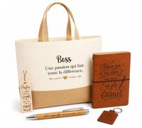 Planetee Coffret Cadeau Boss une Passion | Sac Cabas Coton et Jute 18 L, Carnet, Stylo Bambou, Porte-Clés, Marque-Page | 5 Pièces Gravées | Anniversaire Noël