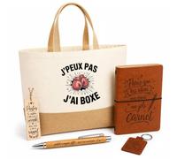 Planetee Coffret Cadeau Boxe J'peux Pas Design | Sac Cabas Coton et Jute 18 L, Carnet, Stylo Bambou, Porte-Clés, Marque-Page | 5 Pièces Gravées | Anniversaire Noël