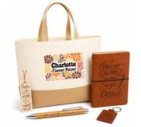 Planetee Coffret Cadeau Charlotte Flower Power | Sac Cabas Coton et Jute 18 L, Carnet, Stylo Bambou, Porte-Clés, Marque-Page | 5 Pièces Gravées | Anniversaire Noël