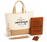 Planetee Coffret Cadeau Chef de Projet Sans Titre | Sac Cabas Coton et Jute 18 L, Carnet, Stylo Bambou, Porte-Clés, Marque-Page | 5 Pièces Gravées | Anniversaire Noël