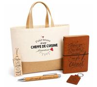 Planetee Coffret Cadeau Cheffe de Cuisine Sans Titre | Sac Cabas Coton et Jute 18 L, Carnet, Stylo Bambou, Porte-Clés, Marque-Page | 5 Pièces Gravées | Anniversaire Noël