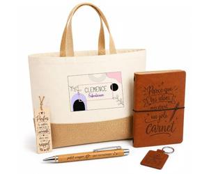 Planetee Coffret Cadeau Clémence Fabuleuse | Sac Cabas Coton et Jute 18 L, Carnet, Stylo Bambou, Porte-Clés, Marque-Page | 5 Pièces Gravées | Anniversaire Noël