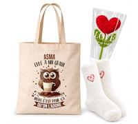 Planetee Coffret Cadeau Cocooning Asma | Tote Bag Coton, Chaussettes Douces Cœur, Fleur Cœur en Crochet | 3 Pièces | Femme Anniversaire Fête Noël Original