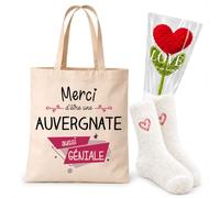 Planetee Coffret Cadeau Cocooning Auvergnate | Tote Bag Coton, Chaussettes Douces Cœur, Fleur Cœur en Crochet | 3 Pièces | Femme Anniversaire Fête Noël Original
