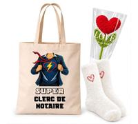 Planetee Coffret Cadeau Cocooning Clerc de Notaire | Tote Bag Coton, Chaussettes Douces Cœur, Fleur Cœur en Crochet | 3 Pièces | Collègue Femme Départ Retraite Remerciement