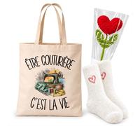 Planetee Coffret Cadeau Cocooning Couturière | Tote Bag Coton, Chaussettes Douces Cœur, Fleur Cœur en Crochet | 3 Pièces | Collègue Femme Départ Retraite Remerciement
