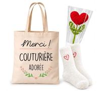 Planetee Coffret Cadeau Cocooning Couturière | Tote Bag Coton, Chaussettes Douces Cœur, Fleur Cœur en Crochet | 3 Pièces | Collègue Femme Départ Retraite Remerciement