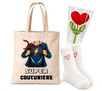 Planetee Coffret Cadeau Cocooning Couturière | Tote Bag Coton, Chaussettes Douces Cœur, Fleur Cœur en Crochet | 3 Pièces | Collègue Femme Départ Retraite Remerciement
