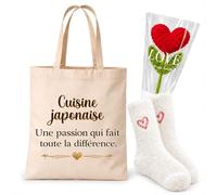 Planetee Coffret Cadeau Cocooning Cuisine Japonaise une Passion | Tote Bag Coton, Chaussettes Douces Cœur, Fleur Cœur en Crochet | 3 Pièces | Collègue Femme Départ Retraite Remerciement