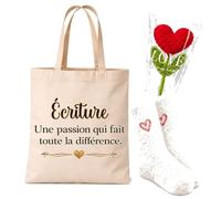 Planetee Coffret Cadeau Cocooning Écriture une Passion | Tote Bag Coton, Chaussettes Douces Cœur, Fleur Cœur en Crochet | 3 Pièces | Femme Anniversaire Fête Noël Original