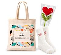 Planetee Coffret Cadeau Cocooning Eloa | Tote Bag Coton, Chaussettes Douces Cœur, Fleur Cœur en Crochet | 3 Pièces | Femme Anniversaire Fête Noël Original