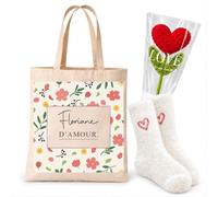 Planetee Coffret Cadeau Cocooning Floriane | Tote Bag Coton, Chaussettes Douces Cœur, Fleur Cœur en Crochet | 3 Pièces | Femme Anniversaire Fête Noël Original