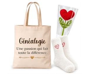 Planetee Coffret Cadeau Cocooning Généalogie une Passion | Tote Bag Coton, Chaussettes Douces Cœur, Fleur Cœur en Crochet | 3 Pièces | Femme Anniversaire Fête Noël Original