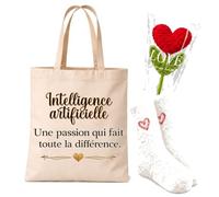 Planetee Coffret Cadeau Cocooning Intelligence Artificielle une Passion | Tote Bag Coton, Chaussettes Douces Cœur, Fleur Cœur en Crochet | 3 Pièces | Collègue Femme Départ Retraite Remerciement